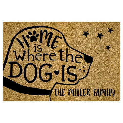 Personalized welcome mat with "Home is Where the Dog Is"