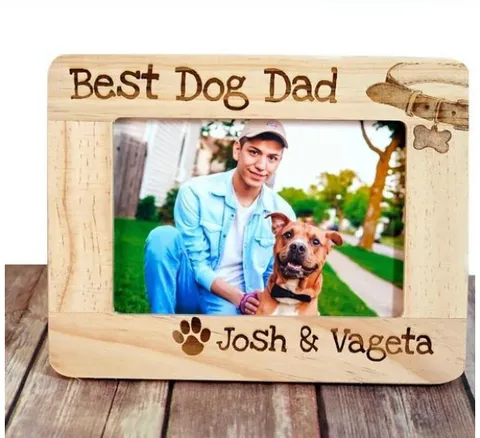 Personalized wooden photo frame with a dog's name, a sentimental Christmas present from dog to dad