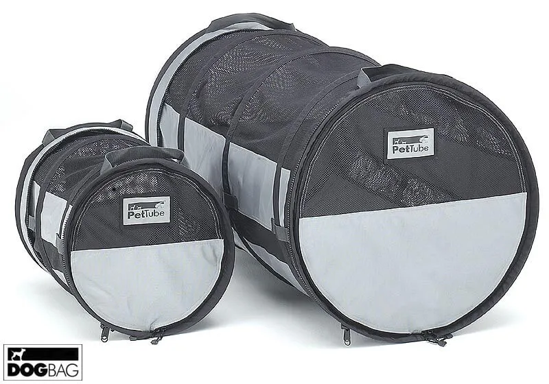 Petego EB Pet Tube large fabric dog carrier placed on the rear seat of a car, providing a secure and ventilated space for a dog during travel.