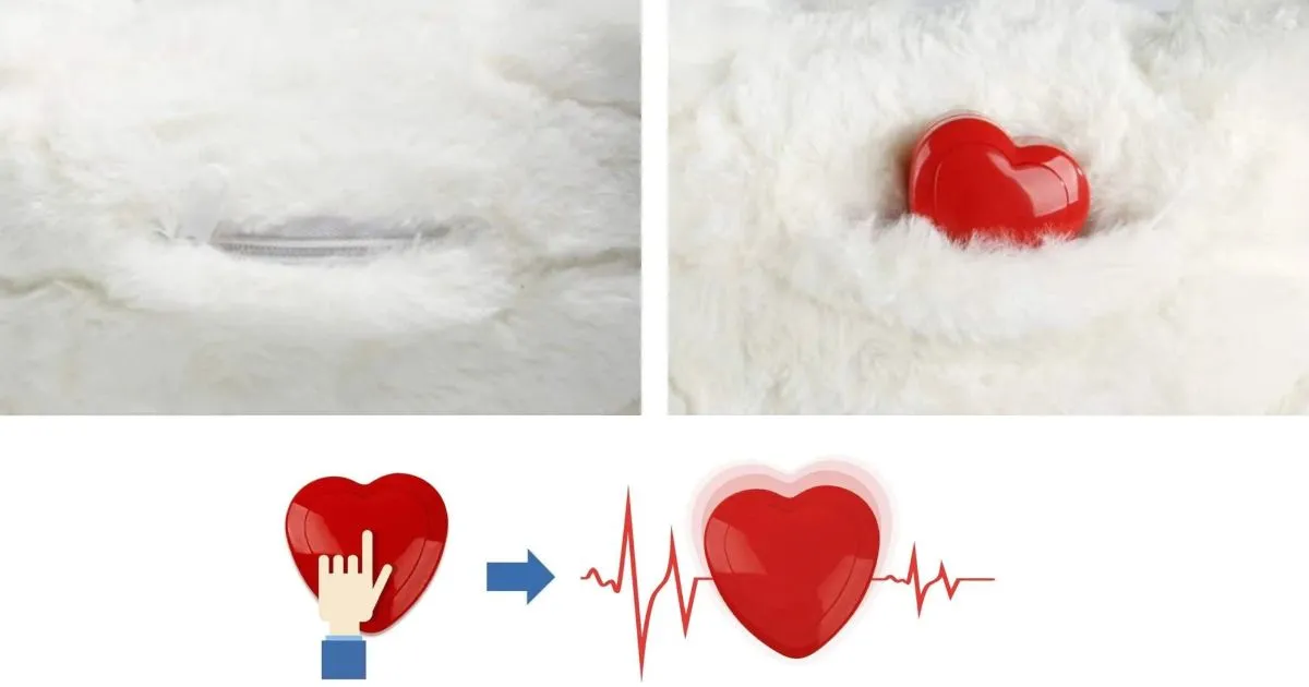 Plush puppy toy with heartbeat and warmth mechanism, designed with safety in mind for young puppies.