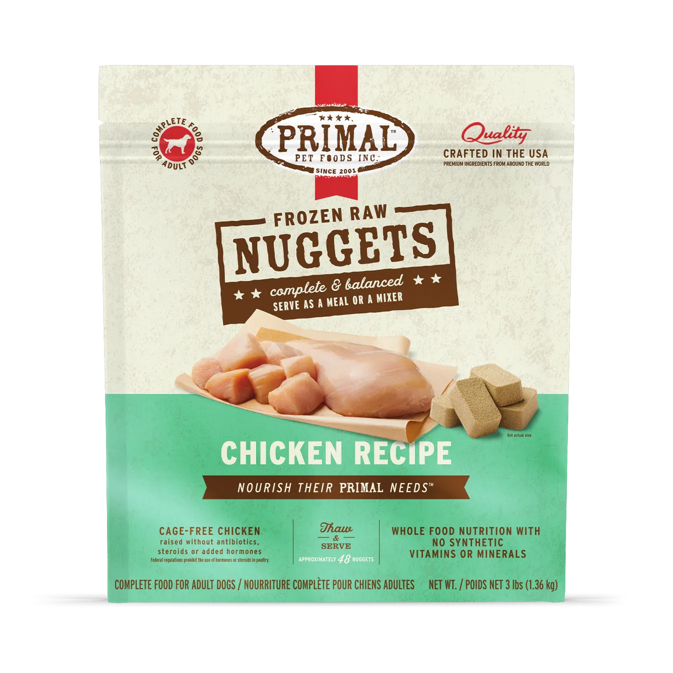 Primal frozen raw chicken dog food packaging, highlighting premium ingredients and the raw frozen format.