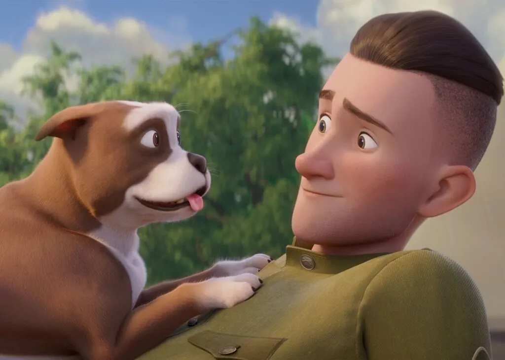 Promotional poster for the animated film Sgt. Stubby: An American Hero, featuring the titular dog in a military helmet alongside soldiers in a trench