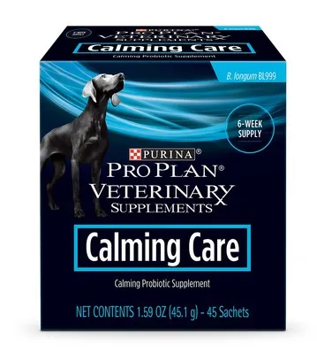 Purina Pro Plan Calming Care supplement box featuring its probiotic formula for dogs with anxiety, emphasizing its role as a calming probiotic.