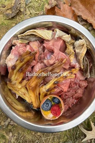 Raw chicken gizzards, duck feet, fish skin, beef liver, egg with shell, raspberries, and blueberries for a Pitbull's diet