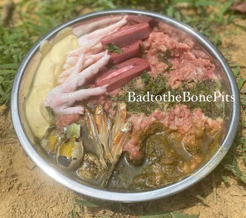 Raw chicken mix meal for Pitbull with chicken feet, anchovies, quail eggs, and turmeric yogurt