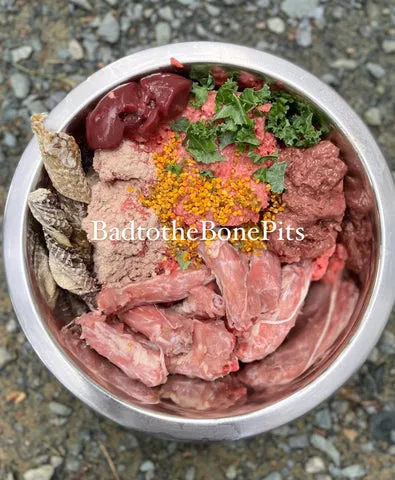 Raw ground beef and chicken neck meal for Pitbull with kale, bee pollen, and slippery elm bark