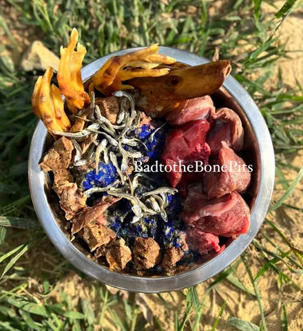 Raw ground beef, turkey gizzards, and varied organ meat meal for Pitbull with duck bones