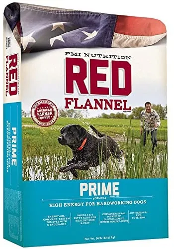 Red Flannel Prime Dry Dog Food bag for adult dogs, a popular option in Red Flannel's range.