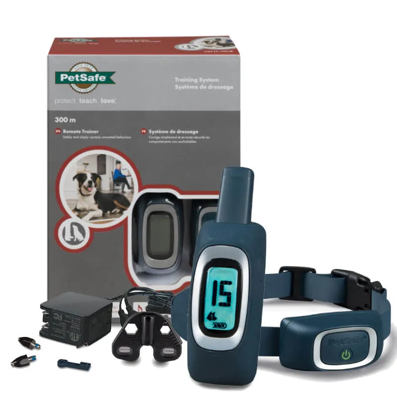 Remote dog trainer with handheld transmitter and receiver collar for tone and static stimulations.