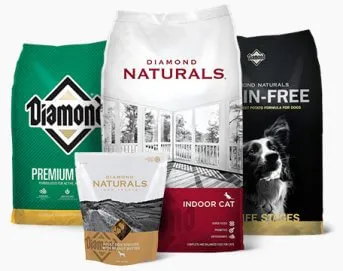 Review of Diamond Brand Dog Food packaging showing a dog and food kibble