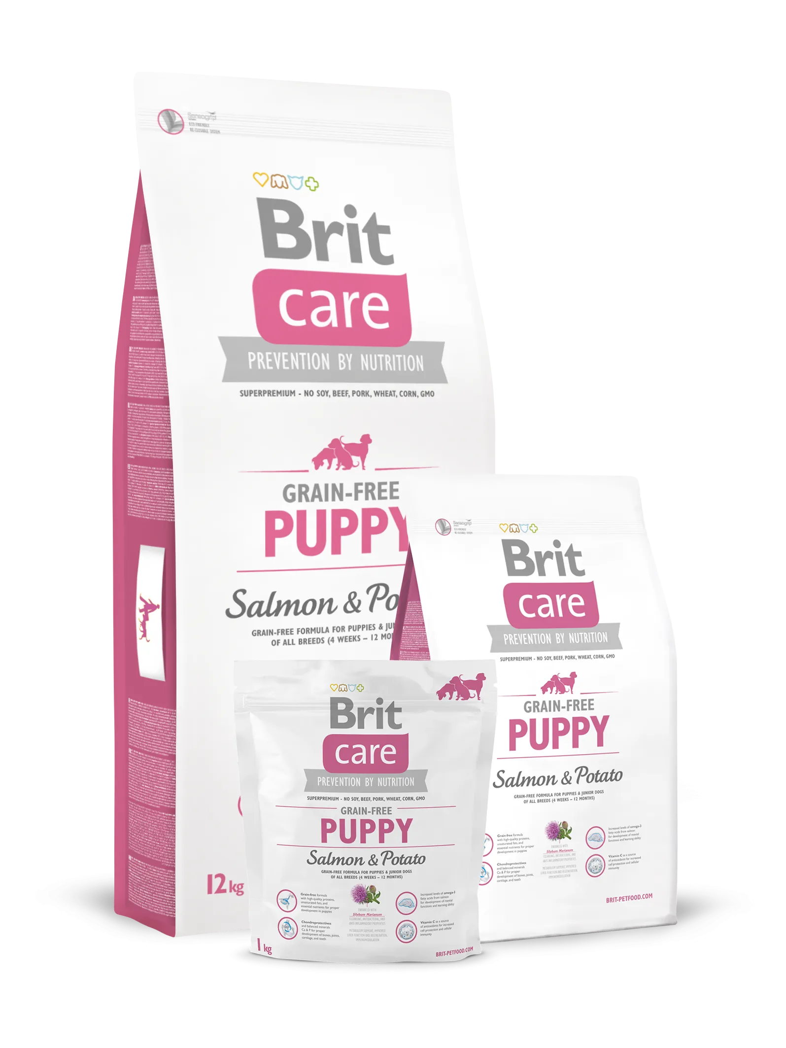 Salmon fillets arranged on a clean surface, showcasing their natural color and texture, representing a key ingredient in Brit Care puppy food.