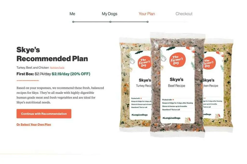 Screenshot of Skye's personalized meal plan from The Farmer's Dog