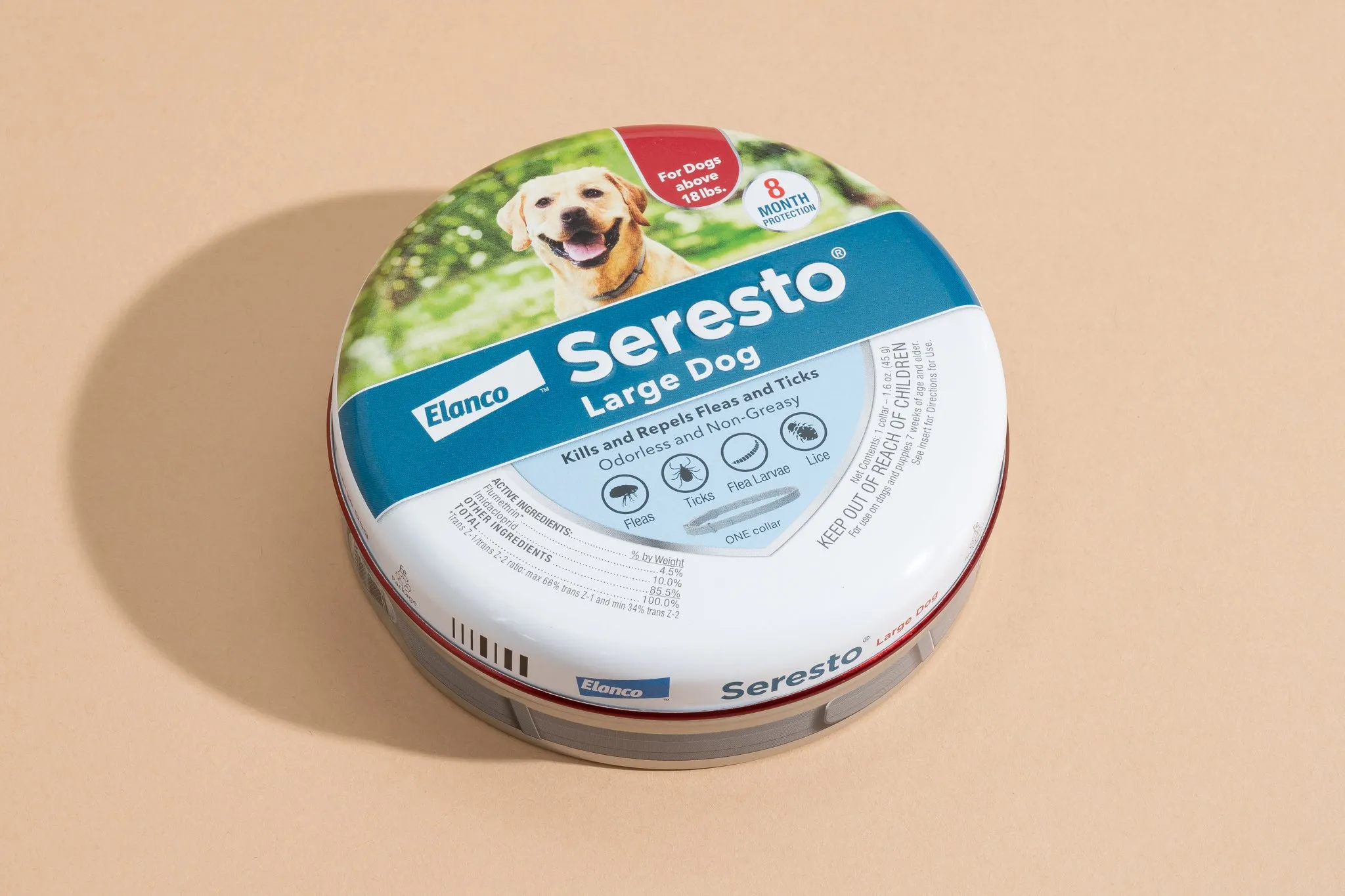 Seresto Flea and Tick Collar for Dogs in a protective tin, offering extended parasite protection