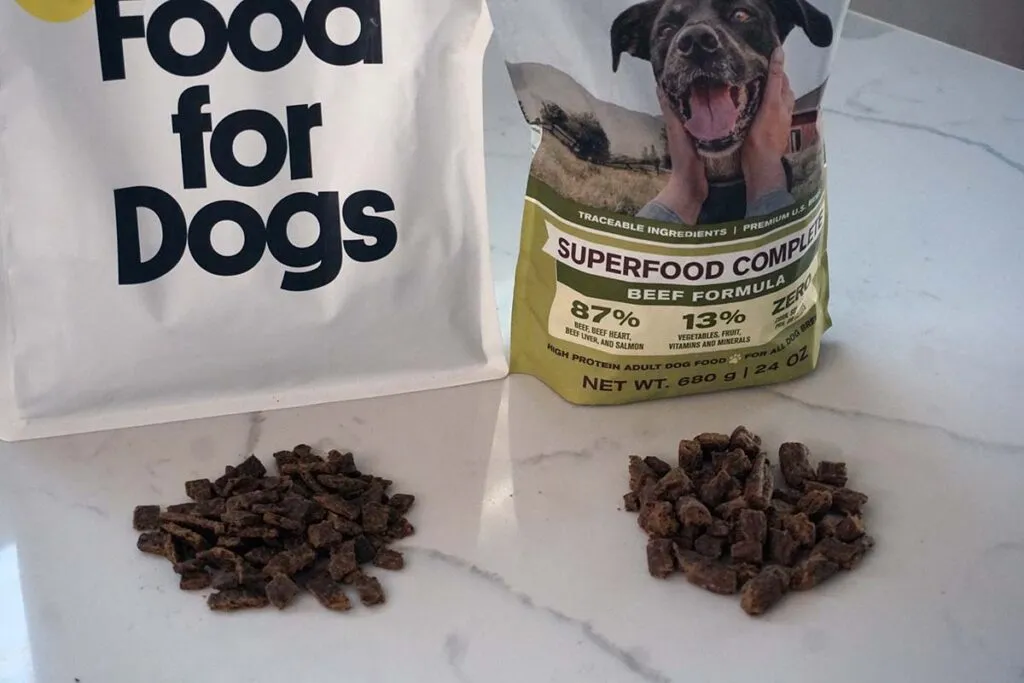 Side-by-side comparison of Badlands Ranch and Sundays Food for Dogs packaging, highlighting cost difference