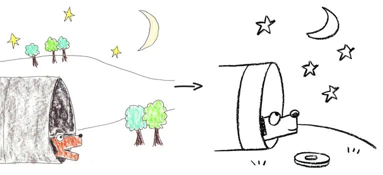 Side-by-side illustration of Tom Watson's raw Stick Dog sketch and Ethan Long's polished drawing of the dog chasing a squirrel