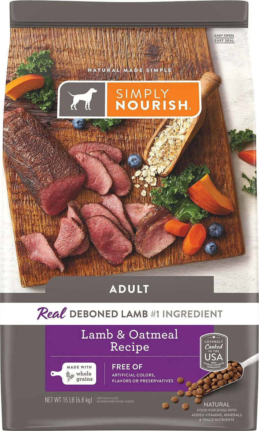 Simply Nourish Original Dog Food packaging, illustrating the brand's product line, including puppy formulas.