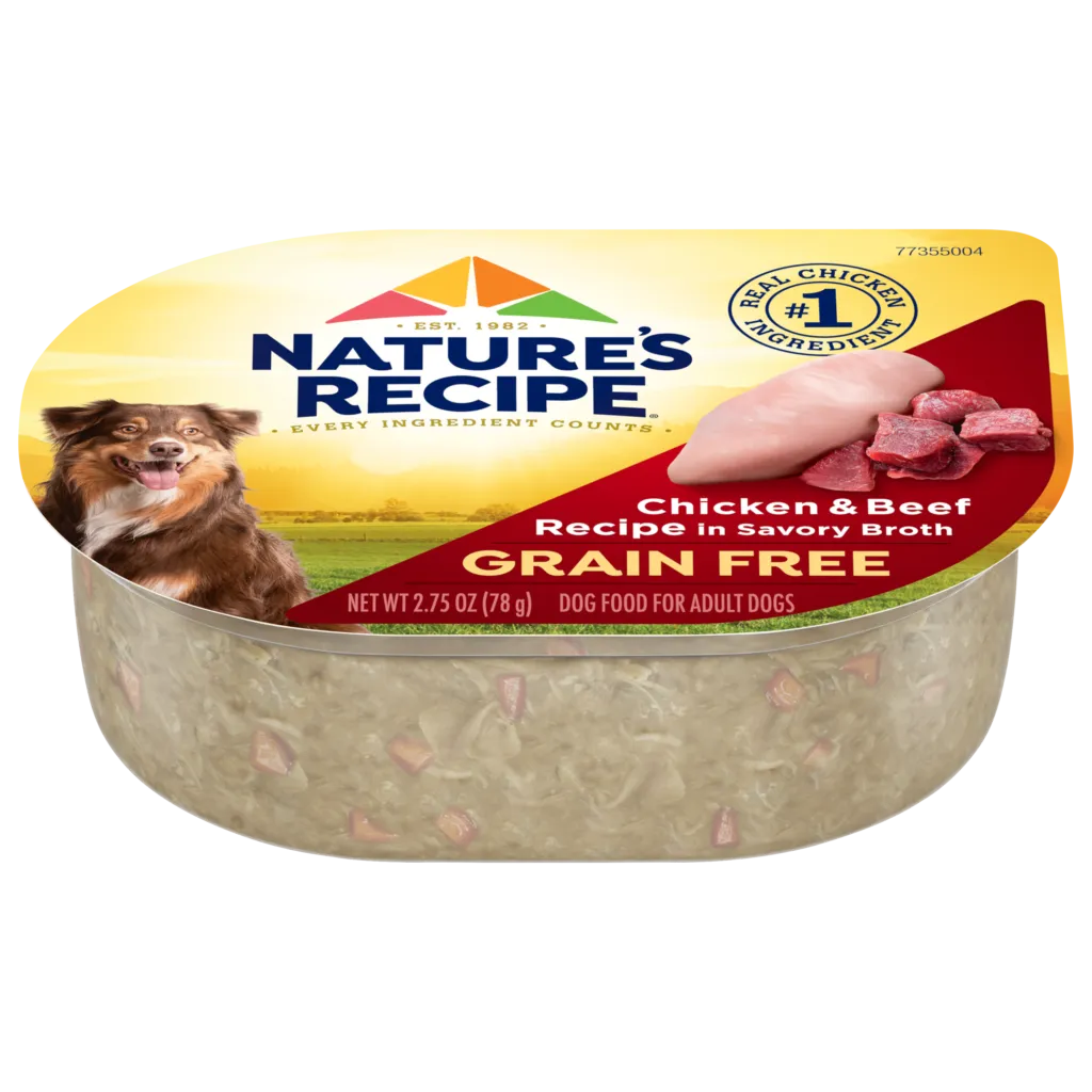 Single cup of Nature's Recipe Grain Free Chicken and Beef wet dog food in a savory broth.