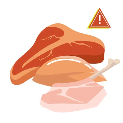 Slices of raw red meat, representing the potential dangers of bacteria and bones for dogs.