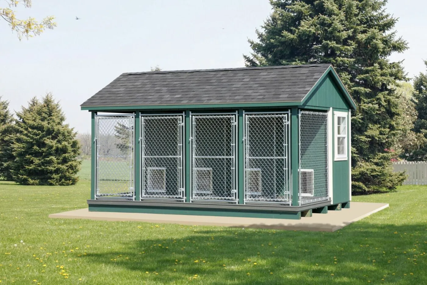 Spacious outdoor dog kennel with run, ideal for large breeds, showcasing sturdy construction and ample space for exercise and relaxation.