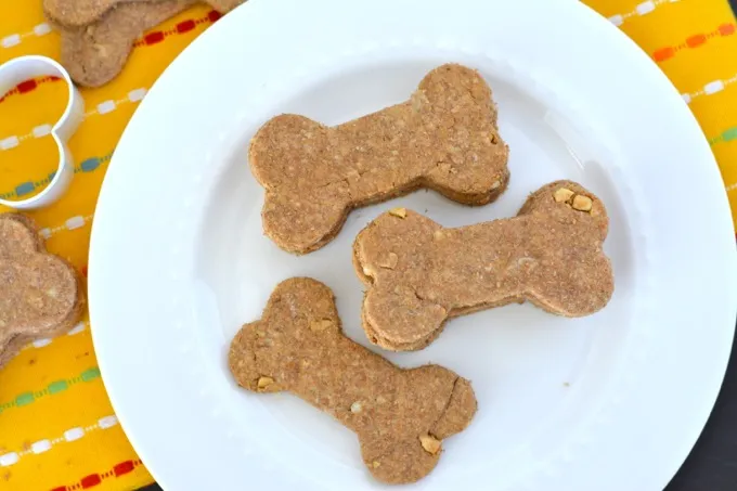 Stack of freshly baked homemade peanut butter dog treats on a white plate