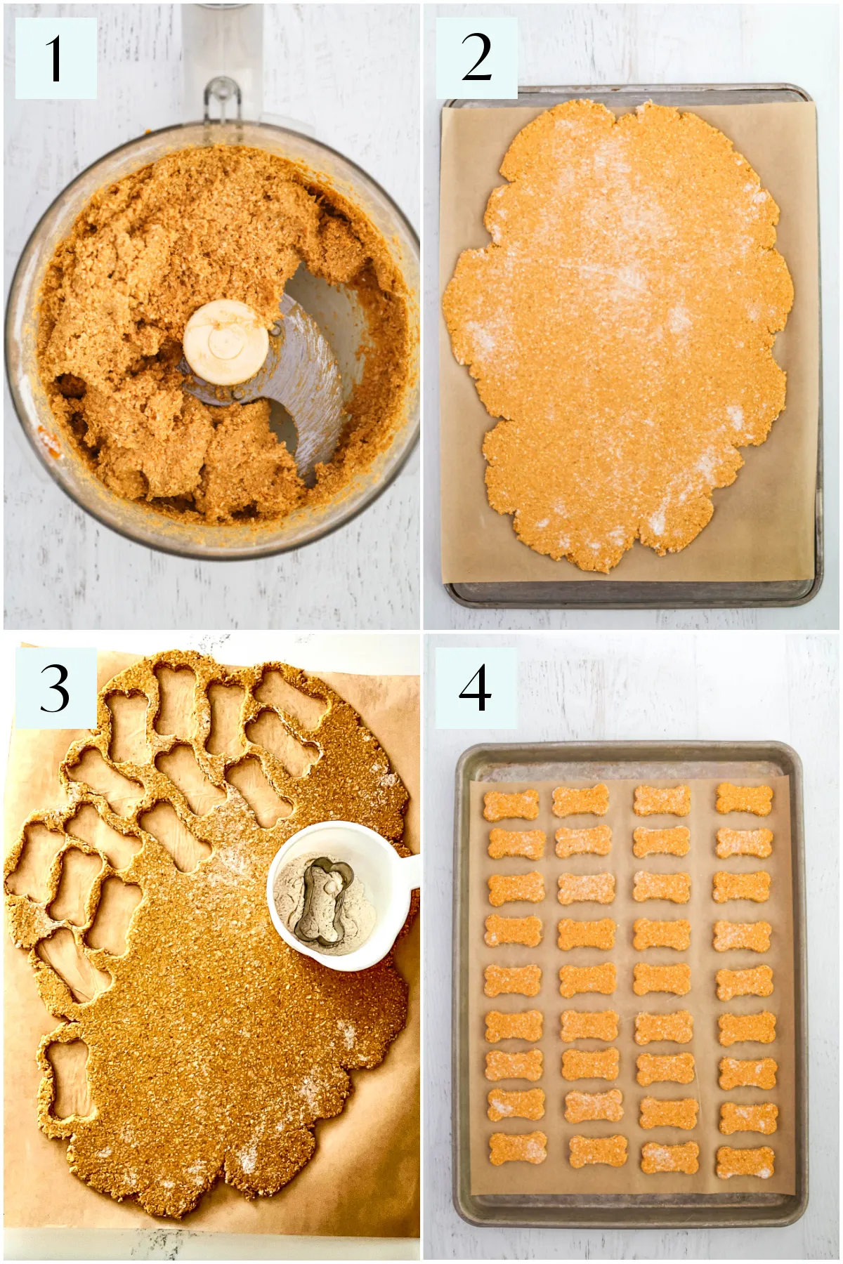 Step-by-step process for making vet-approved oatmeal pumpkin dog treats, showing dough, rolling, and cutting