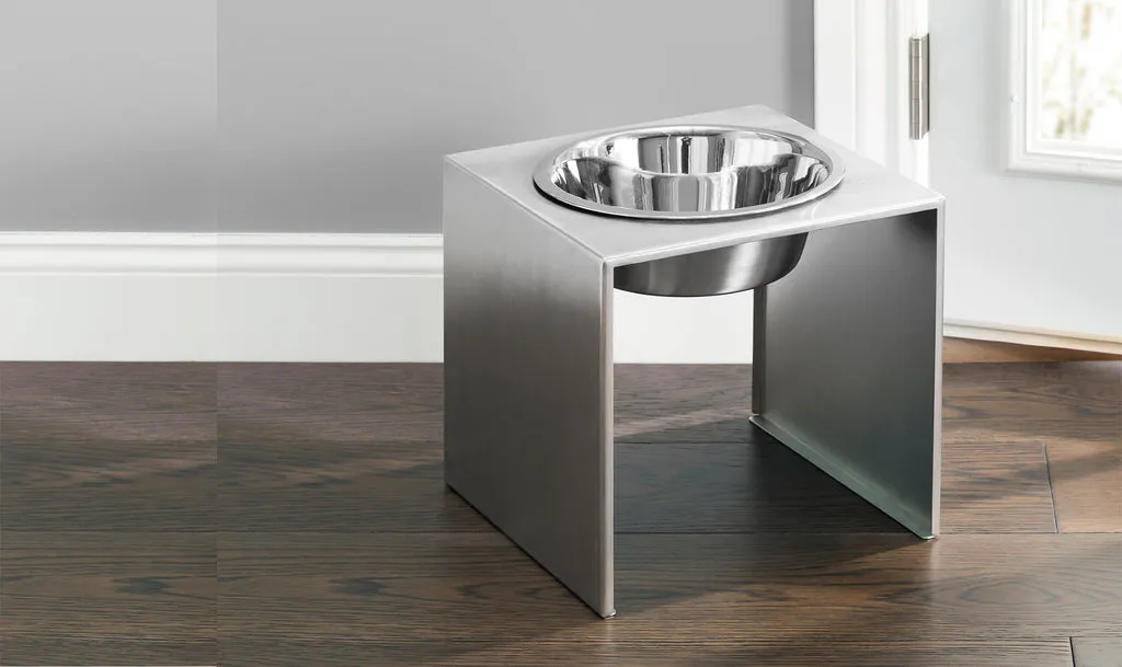 Stylish elevated single dog bowl in Slate by NMN Designs for large dogs, showcasing a modern feeding solution.