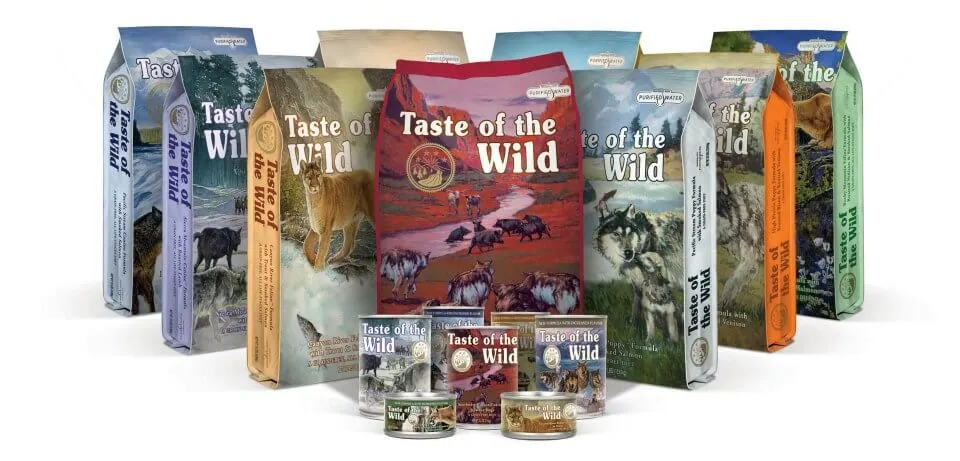 Taste of the Wild dog food product line featuring various grain-free and ancient grain formulas