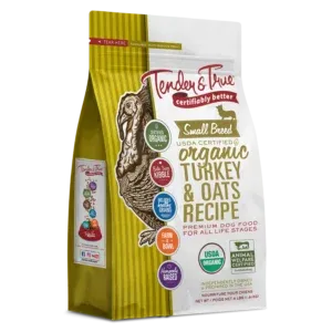 Tender and True Small Breed Organic Turkey & Oats dry dog food packaging