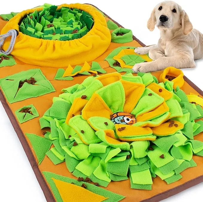 The Awoof Pet Snuffle Mat Large, a multi-layered design with various pockets and folds in vibrant colours, offering challenging mental enrichment for dogs.