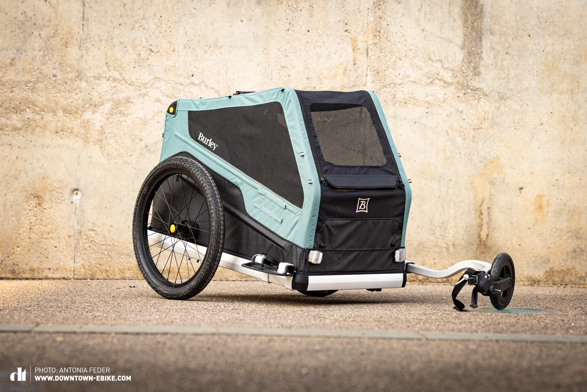The Burley Bark Ranger dog bike trailer is displayed in a bright outdoor setting.