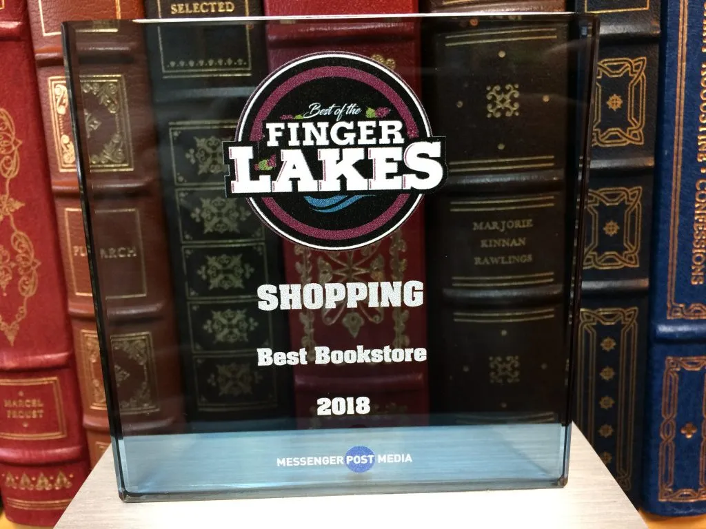 The esteemed award plaque recognizing The Dog Eared Book as the Best Bookstore in the Finger Lakes