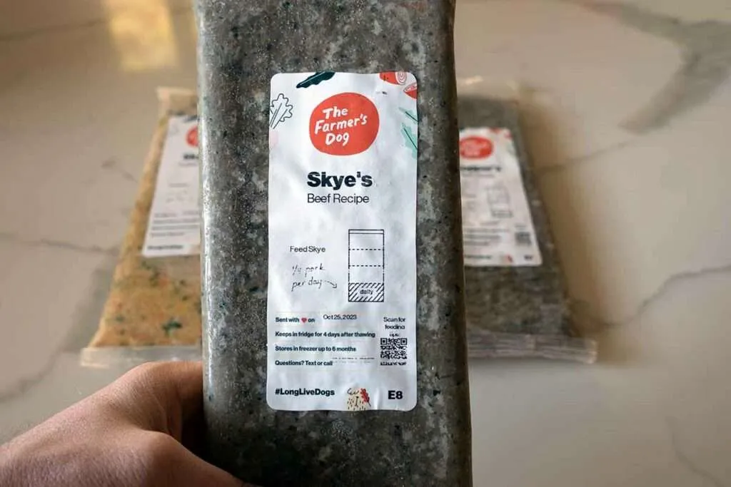 The Farmer's Dog meal pouches with clear portion guidelines