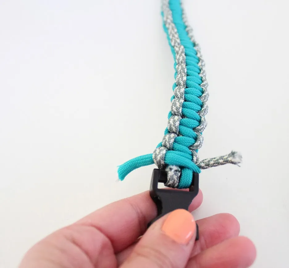 The melted and secured ends of the paracord are pressed against the back of the collar.