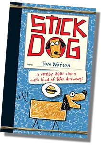 The official cover for the first Stick Dog book, showcasing the titular character on a quest for hamburgers at Picasso Park.