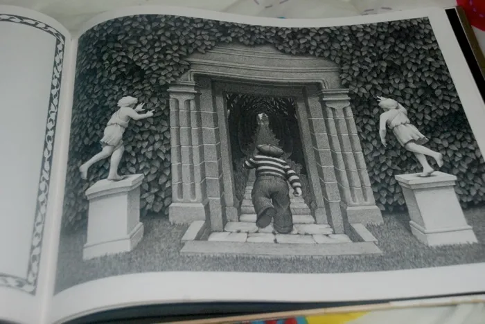 The ominous sign 'Absolutely, Positively No Dogs Allowed In This Garden' at the entrance to Abdul Gasazi's mysterious garden