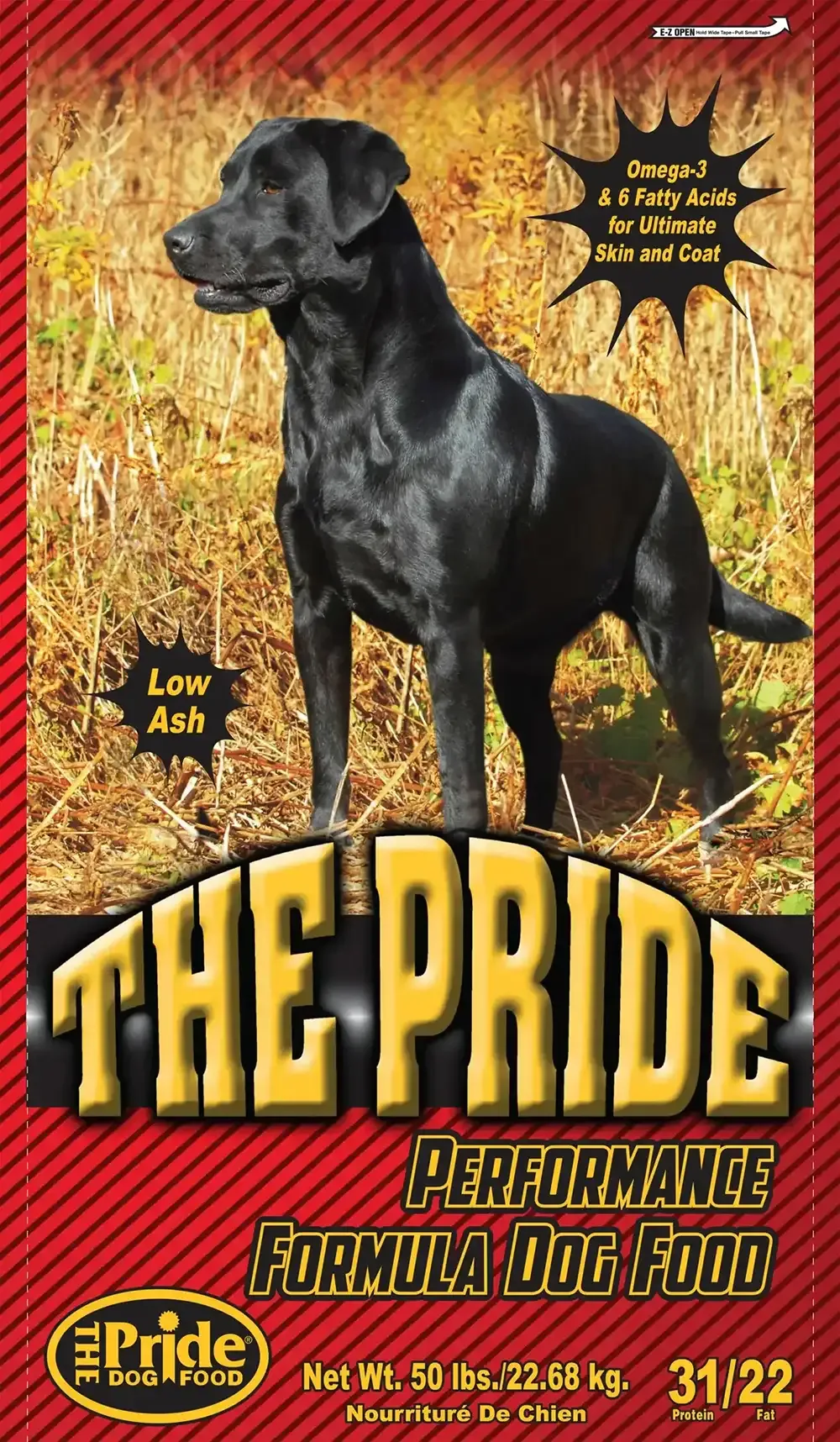 The Pride Performance 31/22 Dry Dog Food bag, a product featured in the pride dog food reviews, showcasing its design and branding.