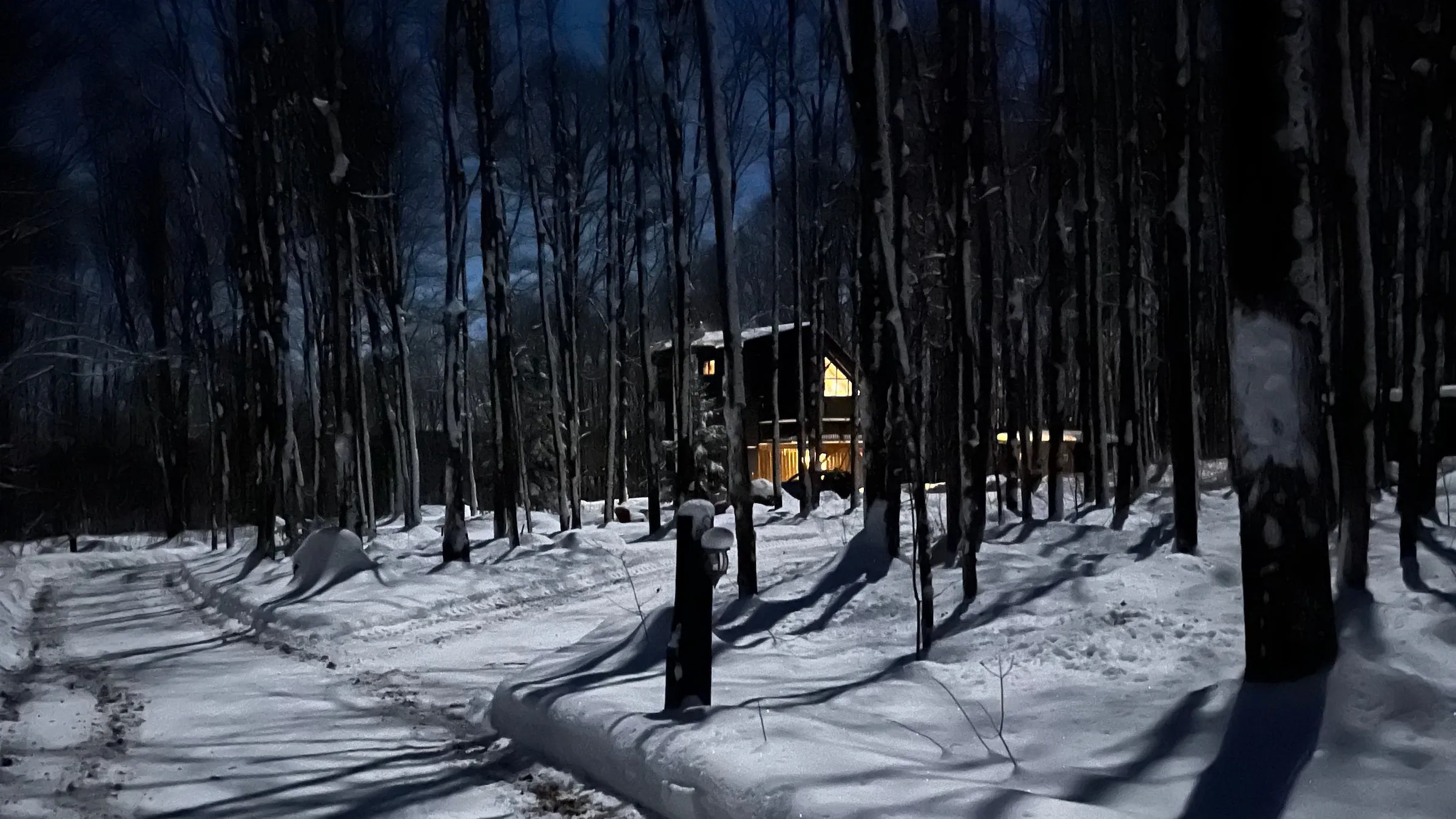 The warm, inviting cabin nestled in the snowy woods at night.