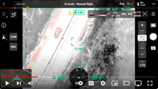 Thermal drone view showing Dudley as a red dot dangerously close to cars on Bear Mountain Parkway during his escape story