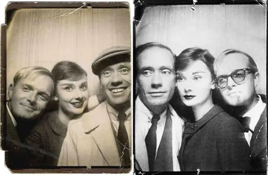 Truman Capote sharing a light moment in a photo booth with Audrey Hepburn and Mel Ferrer, reflecting his wide social circle and access to celebrity lives for his essays and profiles.