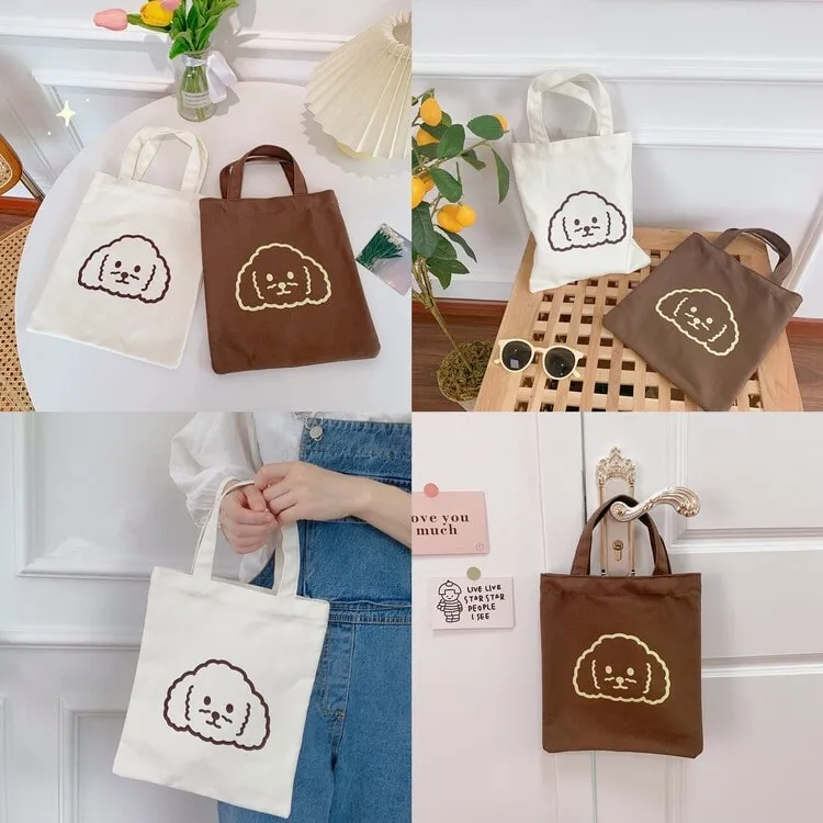 Two Bichon Frise canvas tote bags in white and brown