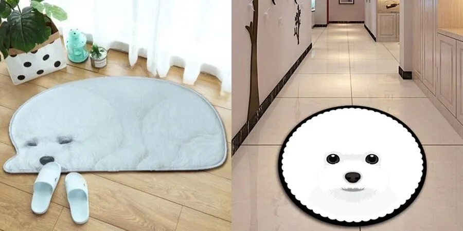 Two Bichon Frise shaped floor rugs on a wooden floor