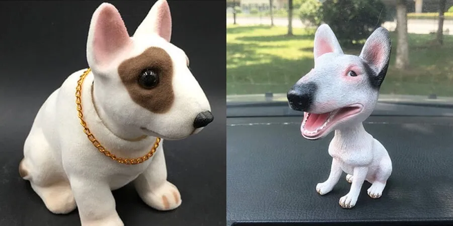 Two Bull Terrier bobbleheads in most adorable Bull Terrier loving designs.