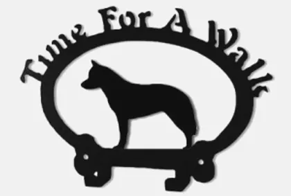 Two people walking their dogs side-by-side on leashes in an open, grassy field, with one dog in a harness.