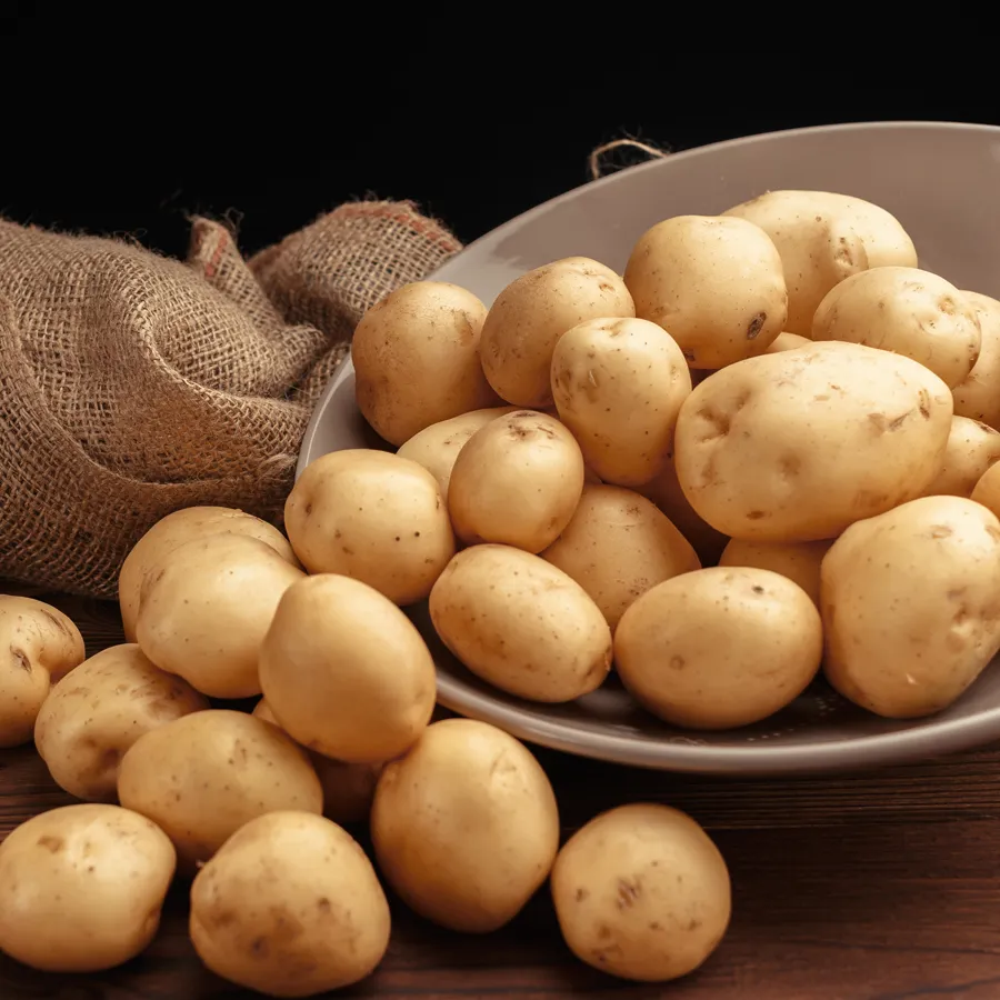 Unpeeled raw potatoes on a wooden surface