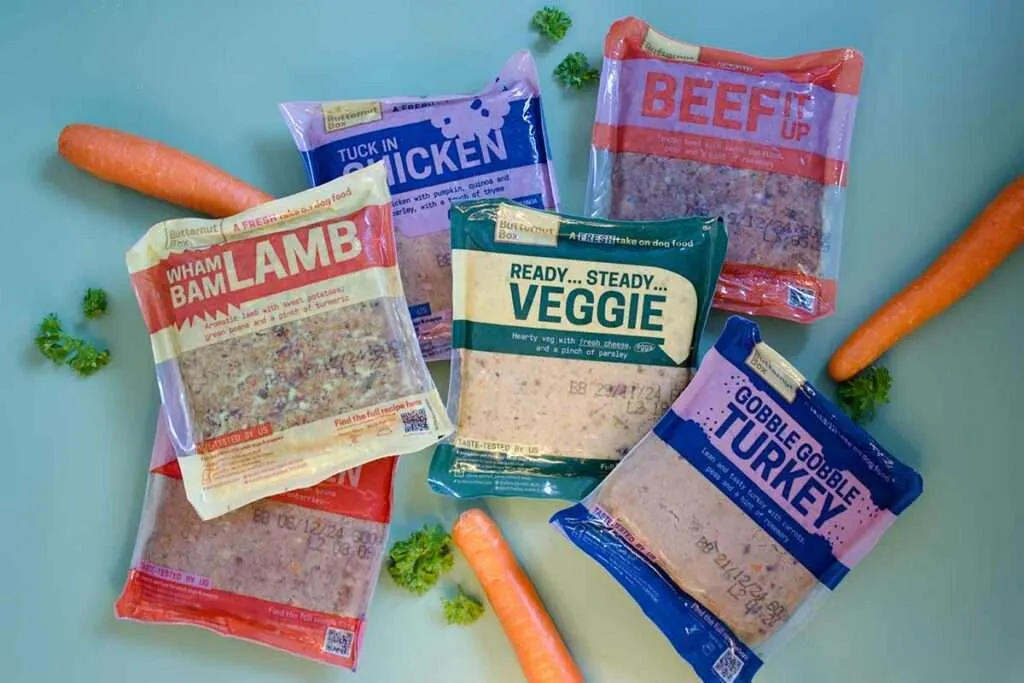 Various Butternut Box dog food recipes arranged neatly