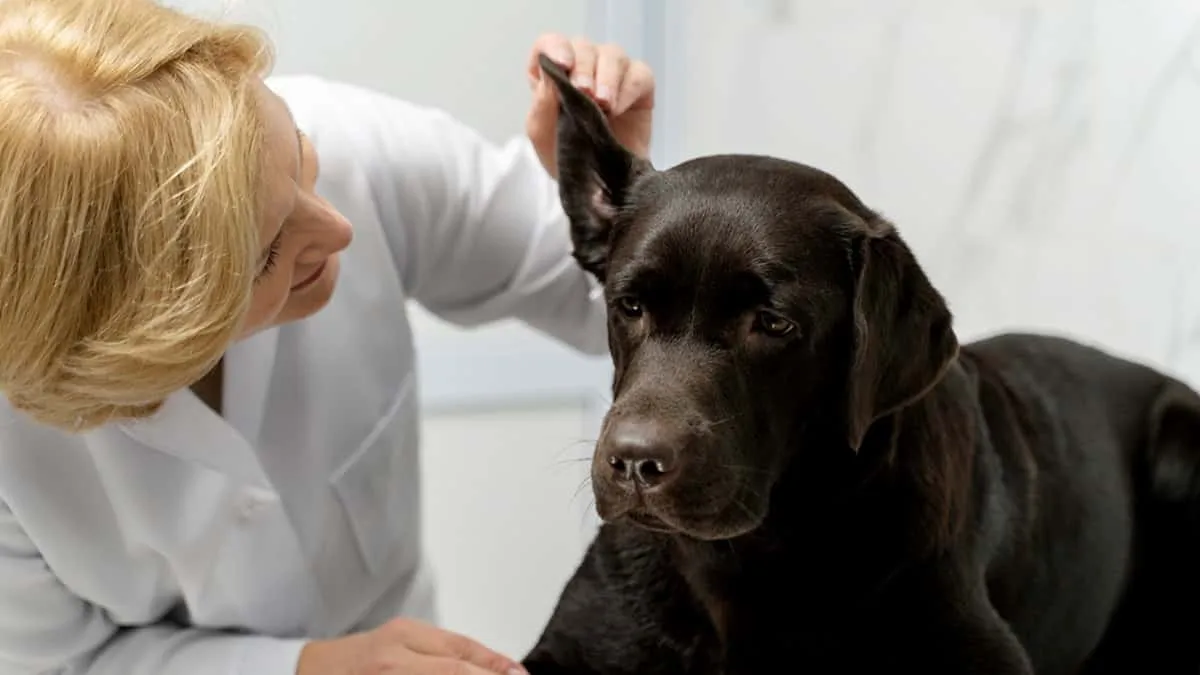 Veterinarian examining a dog's ear