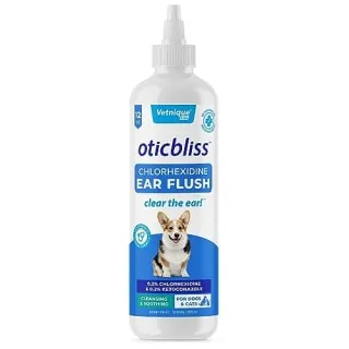 Vetnique Oticbliss Medicated Dog Ear Cleaner bottle with purple label and pointed applicator