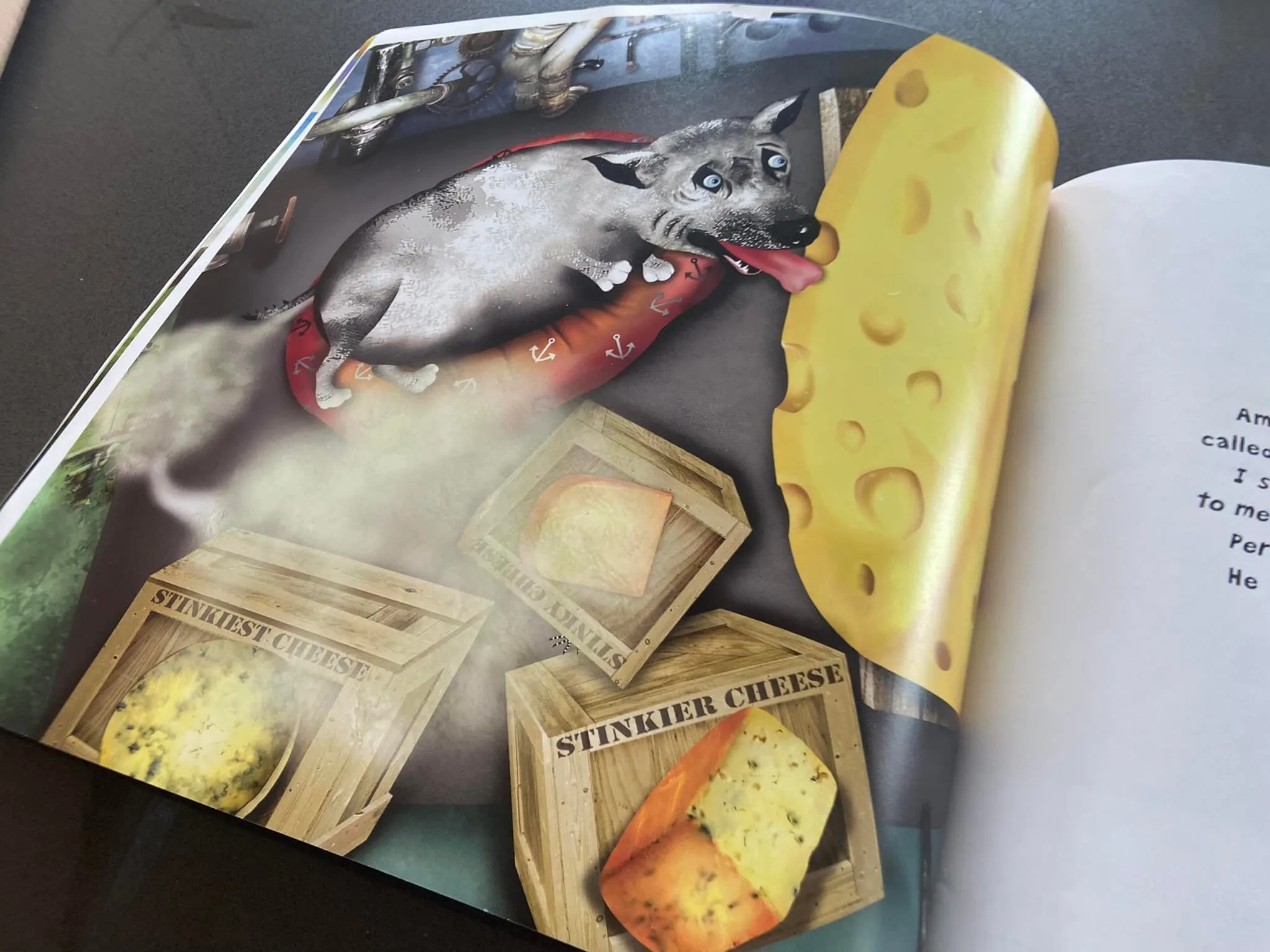 Walter the Farting Dog surrounded by an array of pungent cheeses during his cruise adventure.