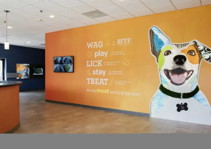 Welcoming lobby with Dogtopia of Las Colinas branding