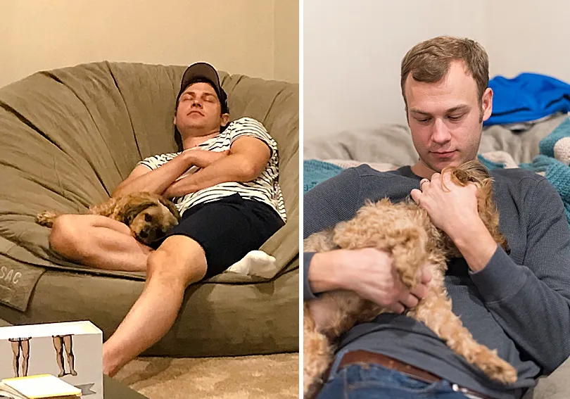 Yorkiepoo, Sophie, looking content in Ben's arms, highlighting her preference for his company.